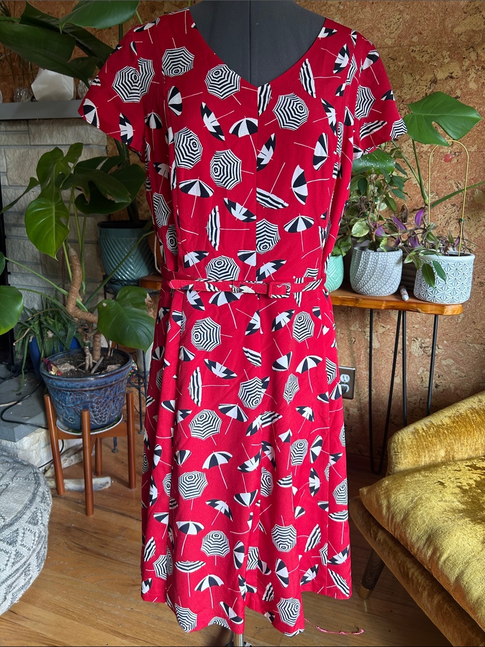 Talbots Red Umbrella-Print Midi Dress